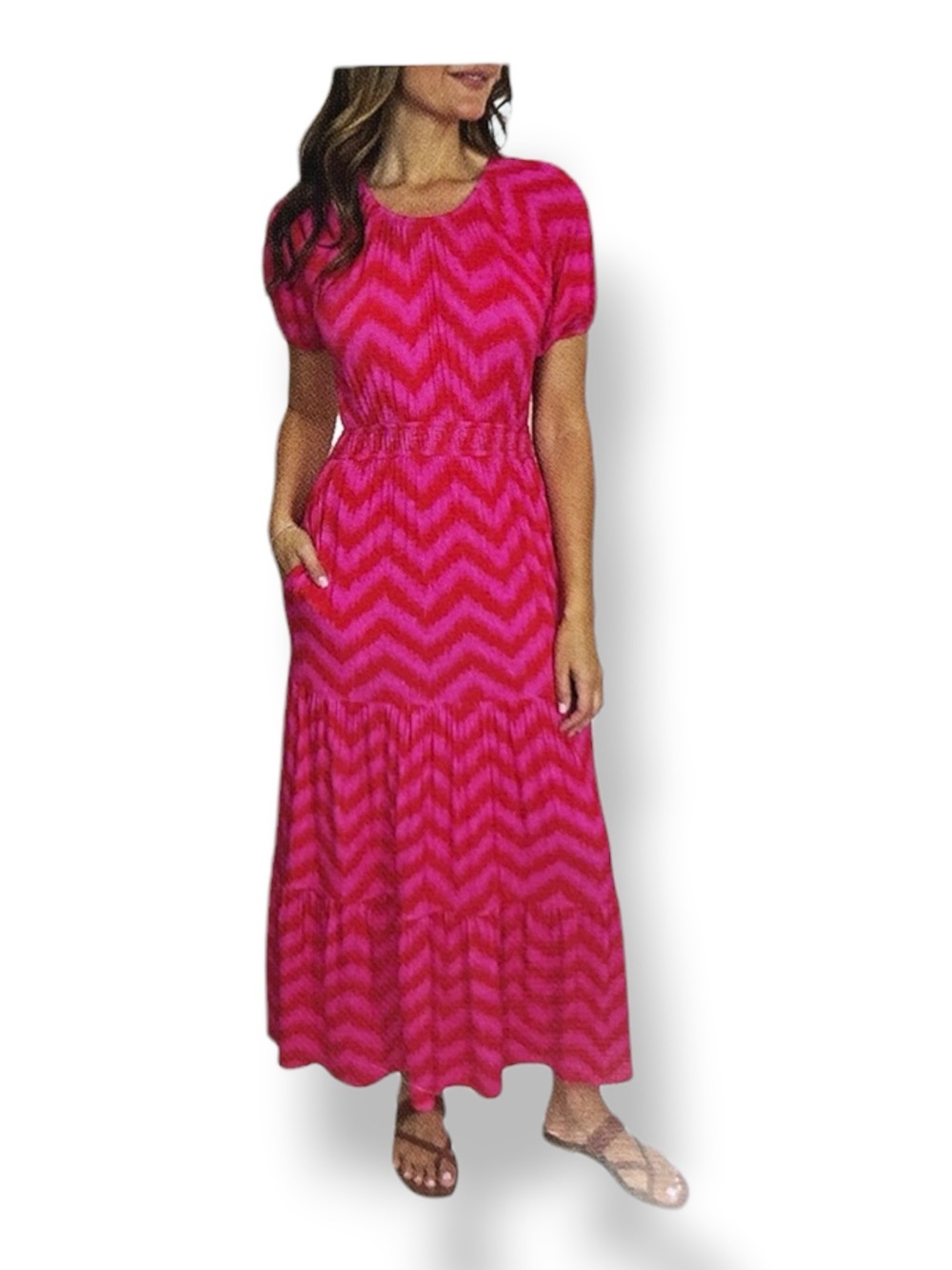 Berkley Jensen Women’s Short Sleeve Chevron Tiered Maxi Dress Fuchsia Pink L